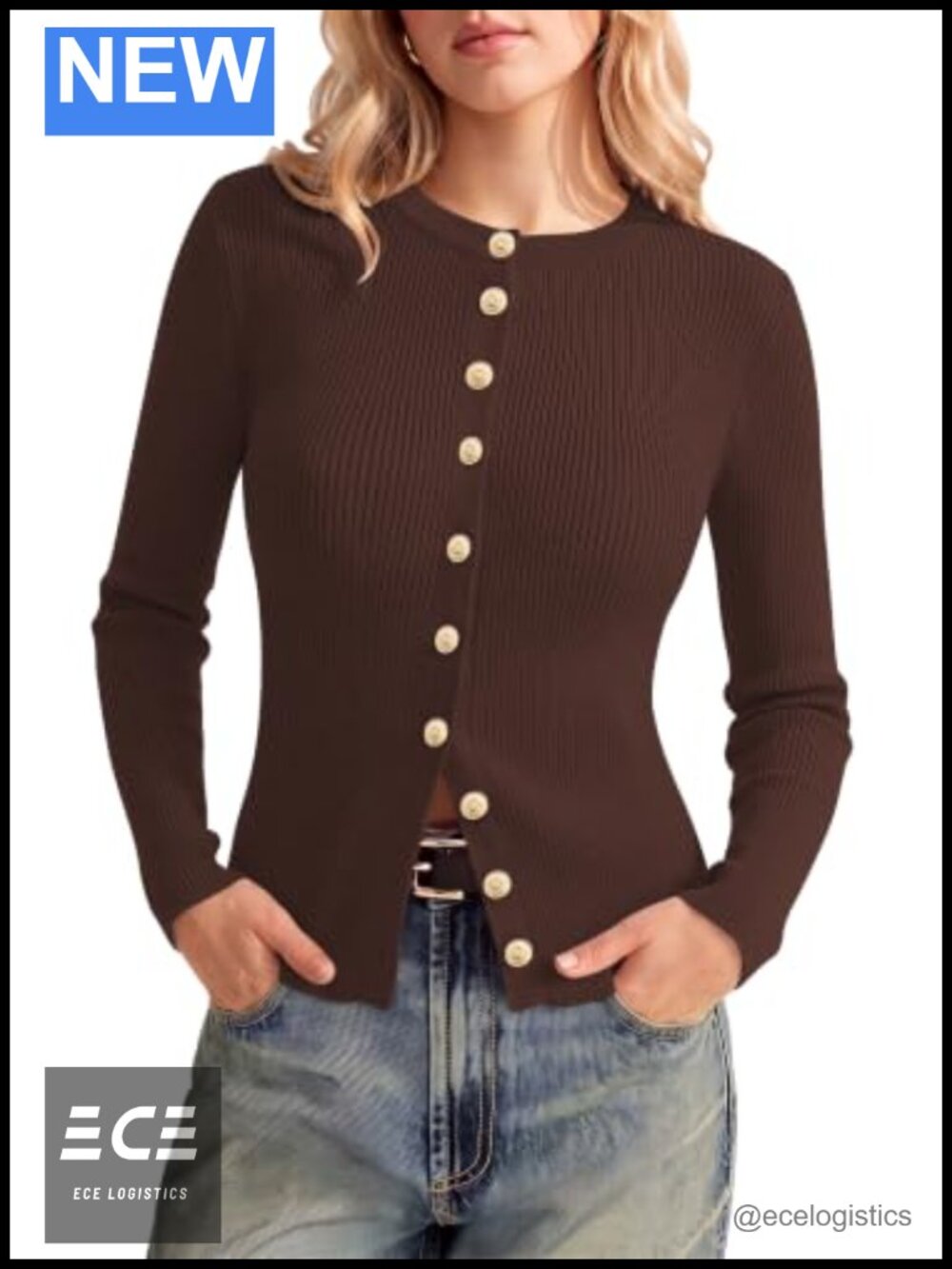 Ribbed Knit Button Up Cardigan Sweater Slim Fit Crew Neck Long Sleeve